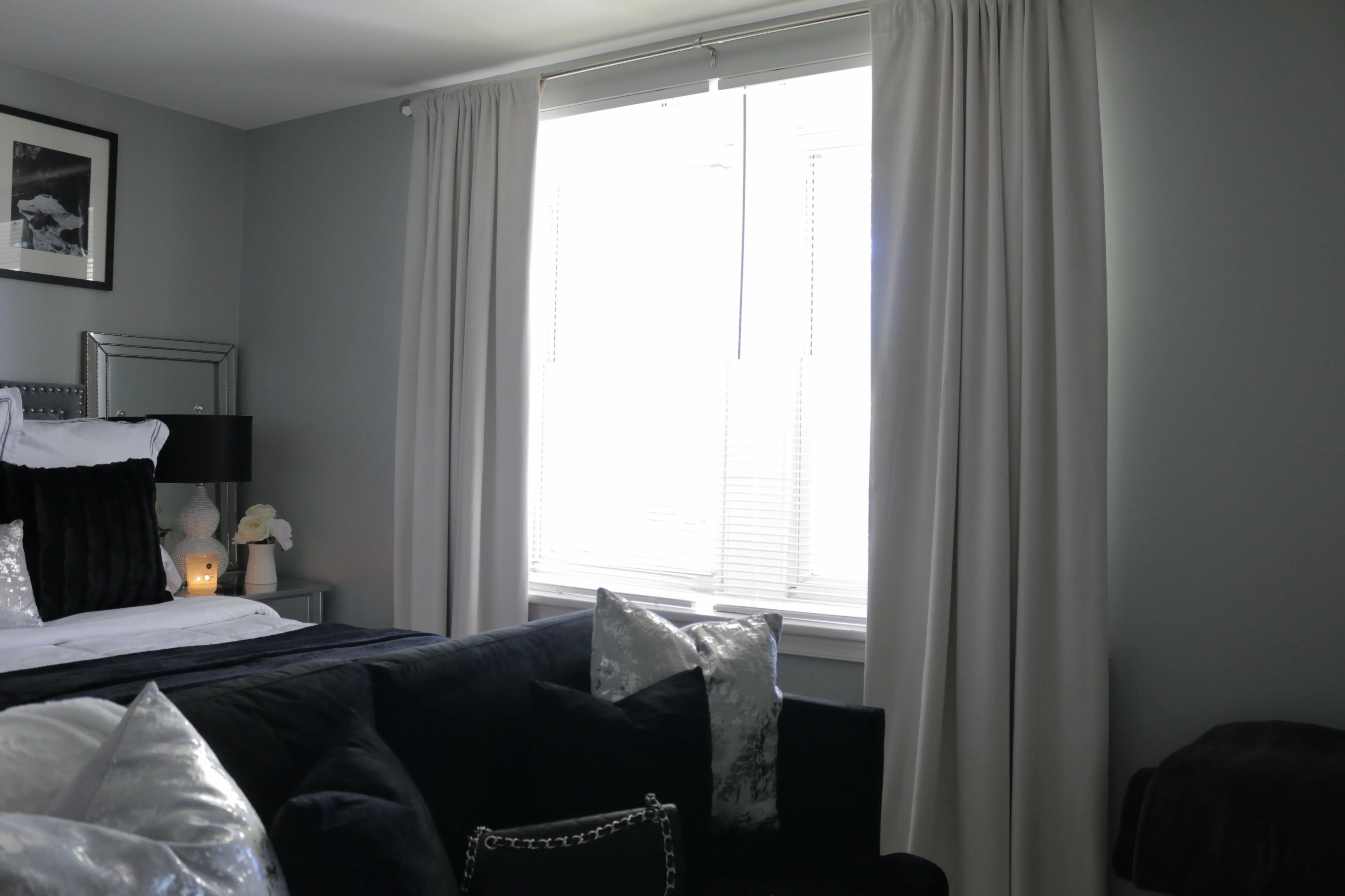 Floor to Ceiling Curtains
Black, Gray and White Glam Master Bedroom 